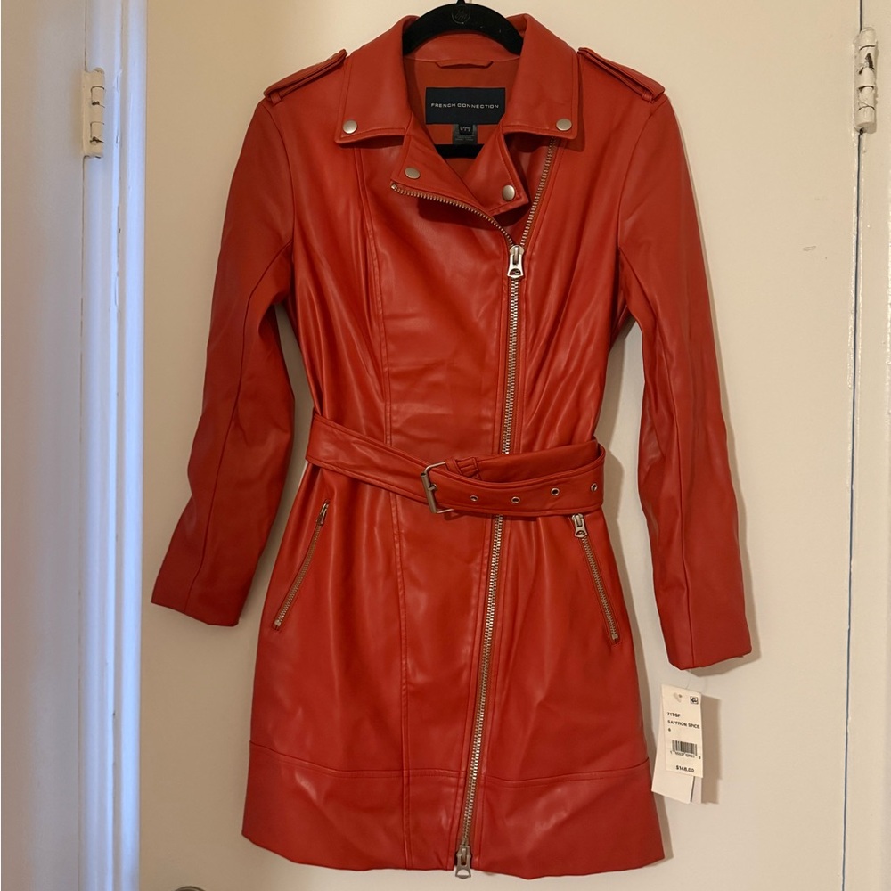 French Connection Red Saffron Spice Leather Trench NWT